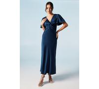 Oasis Satin Twist Front Angel Sleeve Midi Bridesmaids Dress, 16, Navy