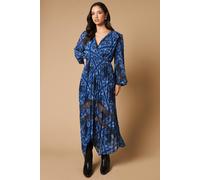 Oasis Women's Scarf Print Pleated Lace Trim Insert Wrap Midi Dress in Blue | Size: 6