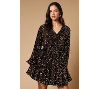 Oasis Women's Sequin Long Sleeve Button Detail Mini Dress in Gold | Size: 10 Oasis Gold 10