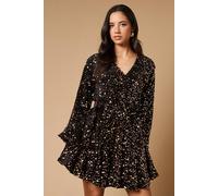 Oasis Sequin Long Sleeve Button Detail Mini Dress, 8, Gold