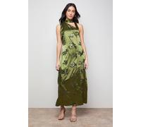 Oasis Women's Sequin Satin Tie Neck Midi Slip Dress in Olive | Size: 14