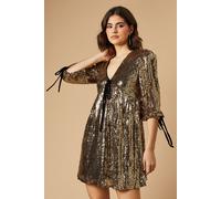 Sequin Velvet Bow Puff Sleeve Mini Dress Oasis Gold 8