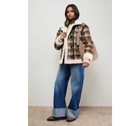 Oasis Women's Shearling Trim Check Coat in Chocolate | Size: 6 Oasis Chocolate 6