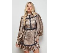 Oasis Women's Stud Trim Long Sleeve High Neck Mini Dress in Gold | Size: 10 Oasis Gold 10