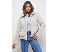 Oasis Women's Teddy Shearling Button Through Short Jacket in Stone | Size: 8 Oasis Stone 8