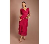Oasis Women's Tie Shoulder Tiered Mesh Bridesmaid Midi Dress in Berry | Size: 16