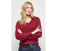 Oasis Women's V Neck Scallop Detail Bow Pointelle Jumper in Cranberry | Size: XS