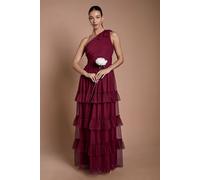 Oasis Women's Wine Pleated Mesh One Shoulder Tiered Maxi Bridesmaid Maxi Dress | Size: 10 Oasis Wine 10