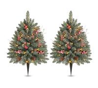 OasisCraft 2-Pack 68cm Pre-Lit Snow-Frosted Artificial Porch Christmas Tree | Xmas Tree with Auto Timer LED lights, Built-in Ground Spikes, Pre-Decorated Pinecones Berries