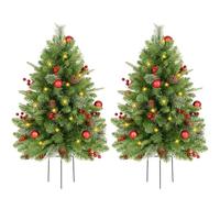 OasisCraft 2-Pack 90cm Pre-Lit Artificial Christmas Tree for Outdoor Porch | Xmas Tree with LED lights, Metal Ground Stakes, Pre-Decorated Baubles Berries Pine Cones for Festive Home Decor