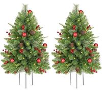OasisCraft 3 ft / 90cm Outdoor Christmas Tree Set of 2, Pre-Lit Artificial Trees with LED Light, Pine Cones, Red Berries and Red Balls, Metal Stakes for Porch, Garden, Driveway Winter Decorations
