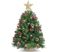 OasisCraft 60cm / 2 ft Tabletop Pre-lit Christmas Tree, Mini Artificial Xmas Tree with Warm LED Lights (6-Hour Timer), Star Treetop, Red Berries & Pine Cones for Home, Office, Table/Desk Decor