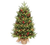 OasisCraft 90cm Pre-Lit Tabletop Mini Christmas Tree, Desktop Xmas Tree | Pre-Decorated LED lights, Pinecone & Red Berry Decor, Burlap Base