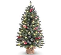 OasisCraft 90cm Pre-Lit Tabletop Mini Christmas Tree, Desktop Xmas Tree | Pre-Decorated LED lights, Snow-Frosted, Pinecone & Red Berry Decor, Burlap Base