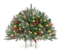 OasisCraft Pre-lit Fan-Shaped Outdoor Christmas Tree, 18" Small Artificial Xmas with LED Lights, Cones & Red Berries for tabletop, countertop, porch, fireplace, 68 * 68 * 45cm