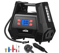 Oasser Tyre Inflator Air Compressor with 12V AC/240V DC car tyre Pump 150 PSI car tyre inflator with 5 Nozzle Adaptors, LED Light Fits for Cars Motorcycles Bicycles