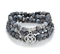oasymala 108 Mala Meditation Prayer Beads Yoga Bracelet or Necklace with Celtic Knot Charm (Grey Labradorite)