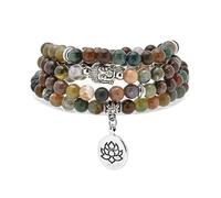 oasymala 6mm 108 Mala Beads Bracelets, Yoga Zen Necklace with Buddha and Lotus Charm for Prayer (Indian Agate)
