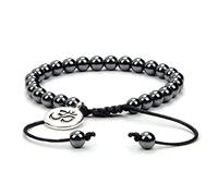 oasymala Adjustable Om Wish Bracelet Meditation Mala Prayer Beads Yoga Om Jewelry Braided with Natural Stone Mala Beads (Hematite), 9 inch