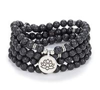 oasymala Chanting Mala Prayer Beads 108 Necklace Bracelet for Meditation with Tiny Lotus Flower Charm (Black Lava Stone)