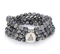 oasymala Zen Buddha Charm Necklace Mala Prayer Stone Beads 108 Bracelet with Yoga Lucky Charm for Meditation (Grey Labradorite)
