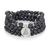 oasymala Zen Buddha Charm Necklace Mala Prayer Stone Beads 108 Bracelet with Yoga Lucky Charm for Meditation (Black Lava Stone)
