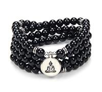 oasymala Zen Buddha Charm Necklace Mala Prayer Stone Beads 108 Bracelet with Yoga Lucky Charm for Meditation (Black Agate)