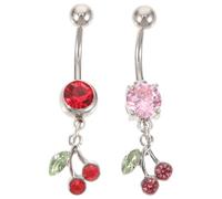OATIPHO 2pcs Cherry Belly Button Ring Dangle Navel Piercing Jewelry for Women Stainless Steel Belly Bar Dangly
