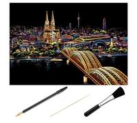 OATIPHO 4Pcs DIY Scratch Picture Kit Cologne Cathedral Night View Scraping Painting with Gold-Plated Pen, Black Brush and Bamboo Stick for Adult Art Craft Scratch Paper