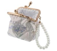 OATIPHO Floral Brocade Coin Purse with Pearl Wristlet, Japanese Kiss Lock Clutch Wallet for Women, Embroidered Evening Money Bag Suitable for Weddings and Special Occasions