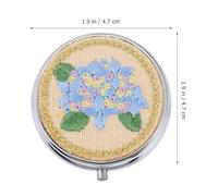 OATIPHO Mini Embroidered Balm Storage Box with Lid, Round Metal Three-Compartment Pill Organizer, Portable Floral Applique Case for Travel and Daily Use