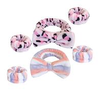 OATIPHO Plush Spa Face Wash Headband and Wristband Set 6pcs, Leopard Print Pink and Blue Red Striped, Soft Absorbent Wrist Cuffs for Women Skincare and Makeup