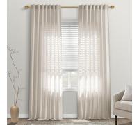 Oatmeal Beige Linen Curtains 108 Inches Long 2 Panels Set,Light Filtering Back Tab Pleated Flax Semi Sheer Curtains 108 Inch Length for Living Room Bedroom,Boho Rustic Farmhouse Decor