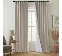 Oatmeal Linen Pleated Blackout Curtains 96 Inch Long 2 Panel Set with Hooks for Track System, Farmhouse Style 8FT Black Out Curtain Drapes for Bedroom Living Room