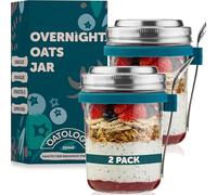 OATOLOGY Glass Overnight Oats Jar Container | Unique Leakproof Stainless Steel Lids, Spoon, Thick Glass | Breakfast Pots Mason Jars for Chia Pudding Granola Yoghurt Porridge Cereal On-the-Go | 2 pack