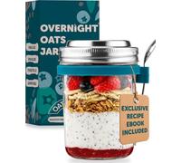 OATOLOGY Glass Overnight Oats Jar Container | Unique Leakproof Stainless Steel Lids, Spoon, Thick Glass | Breakfast Pots Mason Jars for Chia Pudding Granola Yoghurt Porridge Cereal On-the-Go | 1 pack