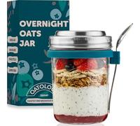 OATOLOGY Glass Overnight Oats Jar Container | Unique Leakproof Stainless Steel Lids, Spoon, Thick Glass | Breakfast Pots Mason Jars for Chia Pudding Granola Yoghurt Porridge Cereal On-the-Go | 1 pack