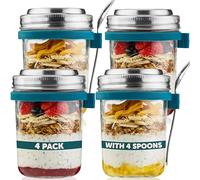OATOLOGY Glass Overnight Oats Jar Container | Unique Leakproof Stainless Steel Lids, Spoon, Thick Glass | Breakfast Pots Mason Jars for Chia Pudding Granola Yoghurt Porridge Cereal On-the-Go | 4 pack