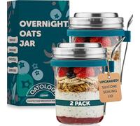 OATOLOGY Glass Overnight Oats Jar Container | Unique Leakproof Stainless Steel SIlicone Lids, Spoon, Thick Glass | Breakfast Pots for Chia Pudding Granola Yoghurt Porridge Cereal On-the-Go | 2 pack