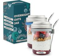 OATOLOGY Glass Overnight Oats Jar Glass Container with Lid | Overnight Oats Container Breakfast Pots Mason Jars Containers with Spoon Over Night Chia Pudding Granola Yoghurt Porridge Pot Lids | 2 pack