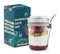 OATOLOGY Glass Overnight Oats Jar Glass Container with Lid | Overnight Oats Container Breakfast Pots Mason Jars Containers with Spoon Over Night Chia Pudding Granola Yoghurt Porridge Pot Lids | 1 pack