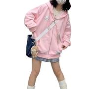 OATSBAS Kawaii Zip Up Hoodie Women Cute Cartoon Embroidery Oversized Pullover Sweatshirt Harajuku Kawaii Hooded Top, Pink-thick, S