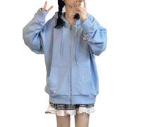 OATSBAS Kawaii Zip Up Hoodie Women Cute Cartoon Embroidery Oversized Pullover Sweatshirt Harajuku Kawaii Hooded Top, Blue-thick, Medium