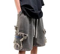 OATSBAS Men's Star Patchwork Denim Shorts Y2K Summer Wide Leg Loose Hip-hop Jeans Shorts, Grey, Medium