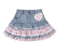 OATSBAS Preppy Lolita Kawaii Skirts Sweet Mini Women Cute Ball Gown Denim Skirt Y2K High Waist Lace Cake Skirts, Blue, L