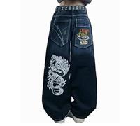 OATSBAS Unisex Adult Blue M Medium Casual Hip Hop Gothic Jeans, Dragon Print, Loose Fit, Mid Rise, Full Length