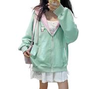 OATSBAS Women's Y2K Cute Floral Hoodies Kawaii Zip Up Hoodies Cartoon Cat Embroidery Oversized Pullover Sweatshirt, Green, S