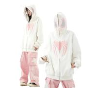 OATSBAS Y2K Hip Hop Spider Hoodie for Women Men Graphic Full Zip up Hoodies Oversized Kawaii Hoodies Spider Jacket, White, Large