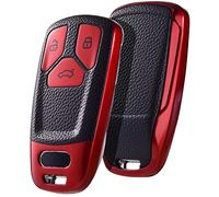 OATSBASF Car Key Cover Compatible with Audi A4L A6L A8 Q5 Q7 TTS TT Leather TPU 3 Buttons Key Box Shell (Red-Leather)