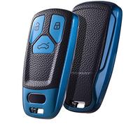 OATSBASF Car Key Cover Compatible with Audi A4L A6L A8 Q5 Q7 TTS TT Leather TPU 3 Buttons Key Box Shell (Blue-Leather)